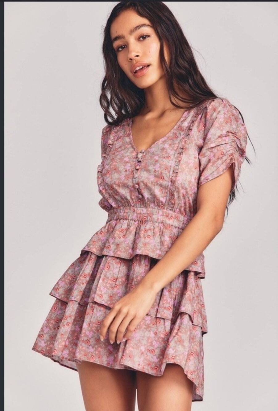 LoveShackFancy Womens Roth Floral Print Ruffle Smocked Mini Dress Medium Cotton